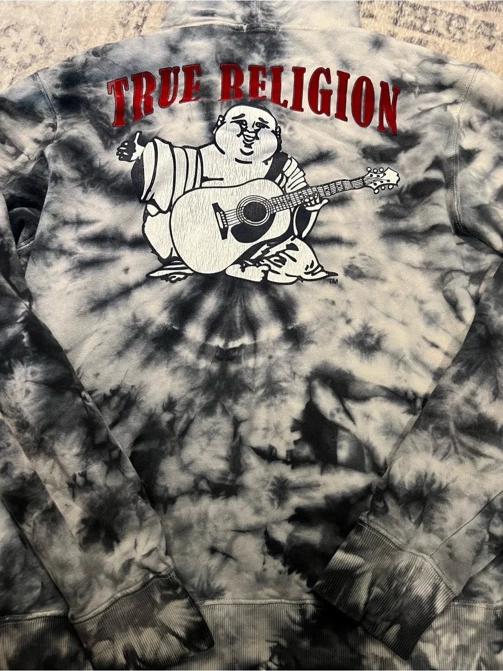 True Religion Black & White Tie-Dye Buddha Guitar Sweatshirt